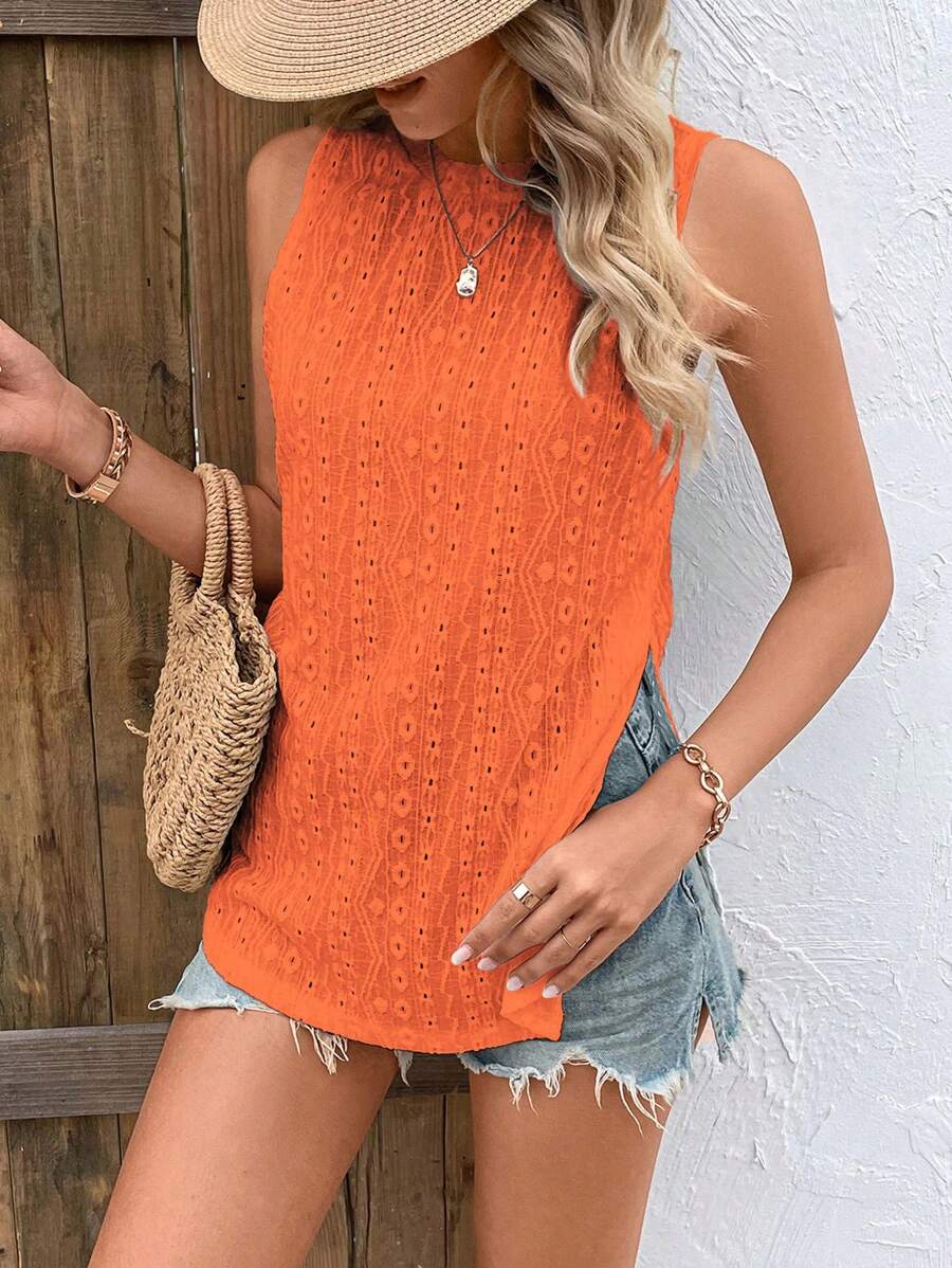 SHEIN VCAY 網眼刺繡下擺開叉背心上衣 - 橘色 - 查看 1
