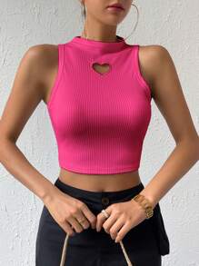 SHEIN Essnce Heart Cut Out Mock Neck Crop Tank Top - Hot Pink - View 5