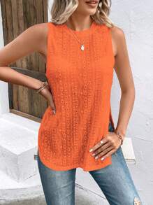 SHEIN VCAY 網眼刺繡下擺開叉背心上衣 - 橘色 - 查看 4