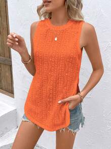 SHEIN VCAY 網眼刺繡下擺開叉背心上衣 - 橘色 - 查看 5
