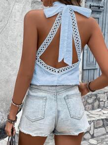 SHEIN VCAY 拼接水溶蕾絲後背繫帶吊脖襯衫 - 淺藍色 - 查看 1