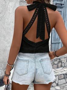 SHEIN VCAY 水溶蕾絲拼接後背繫帶襯衫 - 黑色 - 查看 1