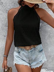 SHEIN VCAY 水溶蕾絲拼接後背繫帶襯衫 - 黑色 - 查看 3