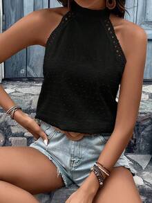 SHEIN VCAY 水溶蕾絲拼接後背繫帶襯衫 - 黑色 - 查看 5