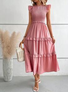 Breezaya Ruffle Trim Ruffle Hem Dress - Pink - View 2