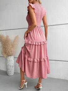 Breezaya Ruffle Trim Ruffle Hem Dress - Pink - View 5