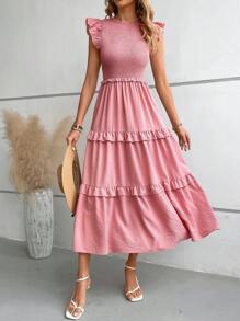 Breezaya Ruffle Trim Ruffle Hem Dress - Pink - View 4