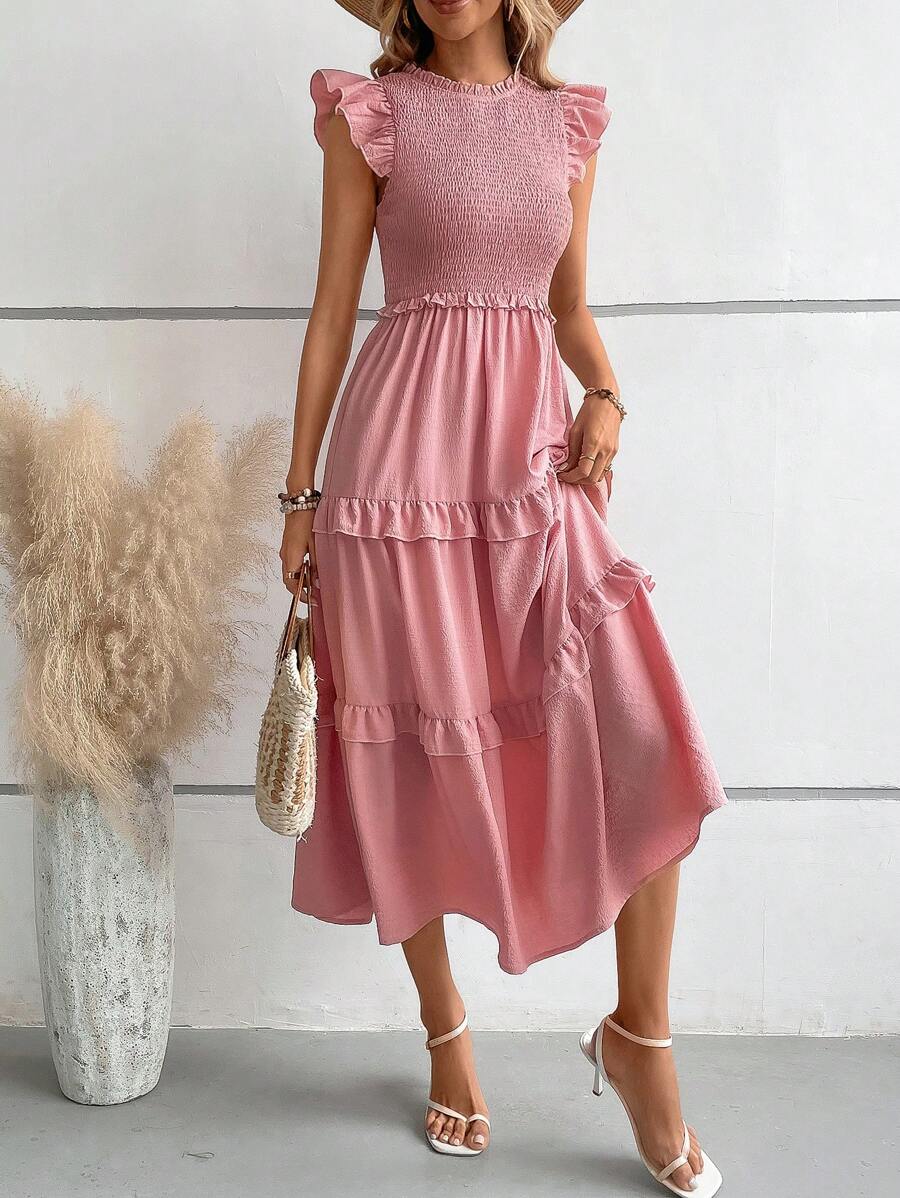 Breezaya Ruffle Trim Ruffle Hem Dress - Pink - View 1