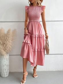 Breezaya Ruffle Trim Ruffle Hem Dress - Pink - View 6