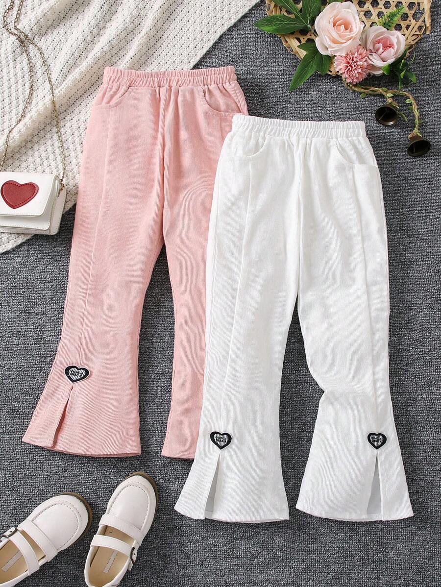 SHEIN Cô Gái Trẻ 2 Miếng Thêu trái tim Viền chia cắt Quần ống loe - Nhiều màu - Xem 1