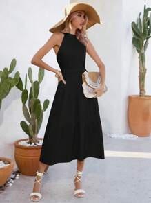 GENKIRA 素色後背繫帶荷葉邊連衣裙 - 黑色 - 查看 3