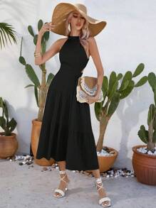 GENKIRA 素色後背繫帶荷葉邊連衣裙 - 黑色 - 查看 5