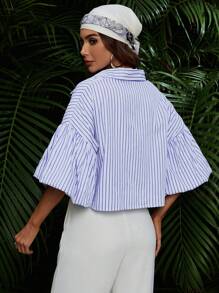 SHEIN VCAY In sọc Thả vai Áo sơ mi - Xanh và trắng - Xem 2