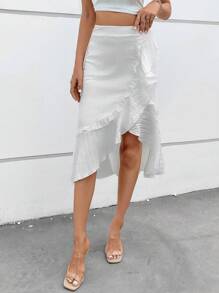 SHEIN VCAY Viền Ruffle Viền không đối xứng Váy - trắng - Xem 6