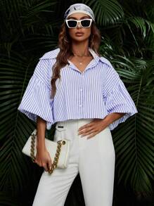 SHEIN VCAY In sọc Thả vai Áo sơ mi - Xanh và trắng - Xem 4