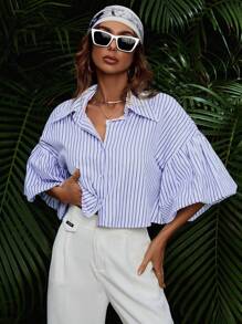 SHEIN VCAY In sọc Thả vai Áo sơ mi - Xanh và trắng - Xem 5