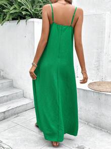 SHEIN VCAY 素色圍裹下擺吊帶連衣裙 - 綠色 - 查看 5