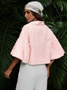 SHEIN VCAY In sọc Thả vai Áo sơ mi - Hồng - Xem 2