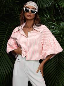 SHEIN VCAY In sọc Thả vai Áo sơ mi - Hồng - Xem 4