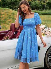 SHEIN VCAY 花卉刺繡方領泡泡袖網紗連衣裙 - 藍色 - 查看 5