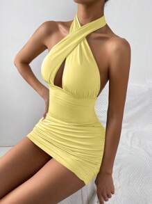 SHEIN Privé Mặt trước chéo Không lưng Halter Neck Xù Váy bodycon - Màu vàng - Xem 5