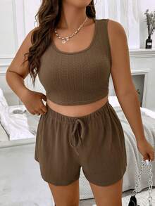 Flirla Plus Solid Crop Tank Top & Knot Front Shorts - Brown - View 4