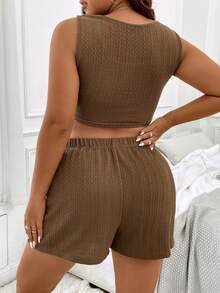 Flirla Plus Solid Crop Tank Top & Knot Front Shorts - Brown - View 2