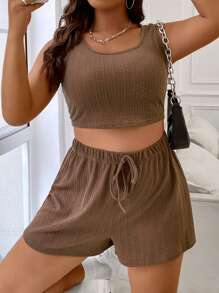 Flirla Plus Solid Crop Tank Top & Knot Front Shorts - Brown - View 1