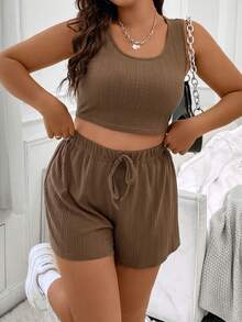 Flirla Plus Solid Crop Tank Top & Knot Front Shorts - Brown - View 6