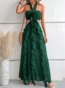 SHEIN VCAY Viền Ruffle Ca-vát Backless Váy dây - Màu xanh lá cây đậm - Xem 4