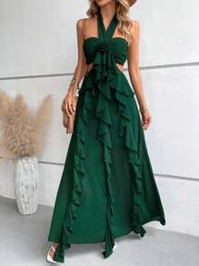 SHEIN VCAY Viền Ruffle Ca-vát Backless Váy dây - Màu xanh lá cây đậm - Xem 5