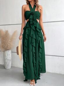 SHEIN VCAY Viền Ruffle Ca-vát Backless Váy dây - Màu xanh lá cây đậm - Xem 6