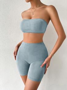 SHEIN Essnce Bộ đồ hai mảnh nữ Gân đan Lộ Lưng màu trơn Giải trí - Màu xanh bụi bặm - Xem 1