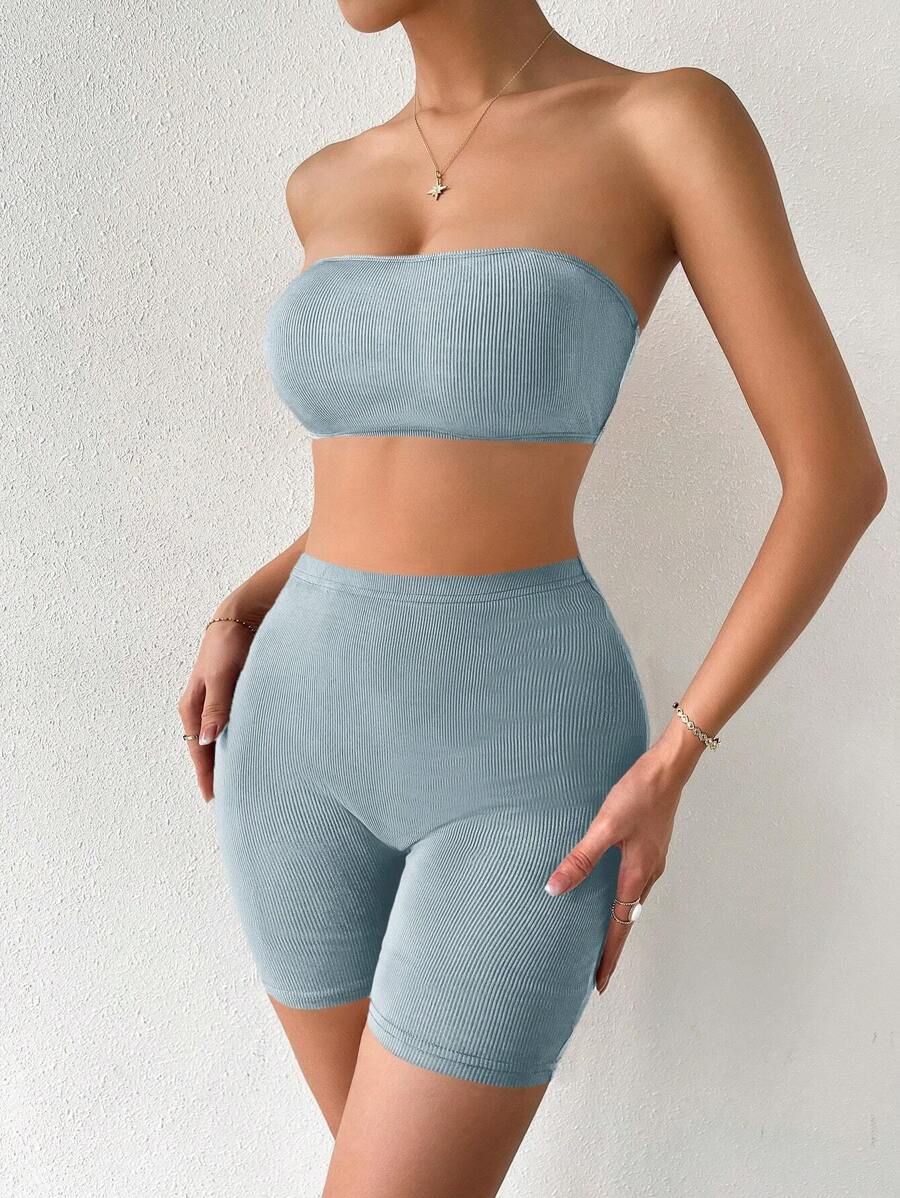 SHEIN Essnce Bộ đồ hai mảnh nữ Gân đan Lộ Lưng màu trơn Giải trí - Màu xanh bụi bặm - Xem 1