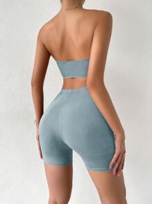 SHEIN Essnce Bộ đồ hai mảnh nữ Gân đan Lộ Lưng màu trơn Giải trí - Màu xanh bụi bặm - Xem 2