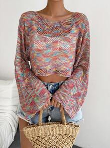 SHEIN Essnce Space Dye Trumpet Sleeve Open Knit Jumper Without Cami Top - Multicolor - View 4