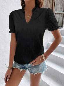 SHEIN VCAY Lá sen tỉa Ống tay áo Cổ có Lỗ hổng Áo sơ mi - màu đen - Xem 4