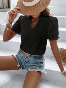 SHEIN VCAY Lá sen tỉa Ống tay áo Cổ có Lỗ hổng Áo sơ mi - màu đen - Xem 5