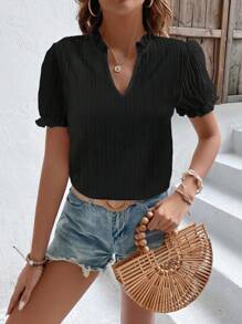 SHEIN VCAY Lá sen tỉa Ống tay áo Cổ có Lỗ hổng Áo sơ mi - màu đen - Xem 6