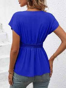 SHEIN Clasi Solid Batwing Sleeve Fold Pleated Blouse - Blue - View 2
