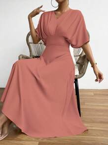 Rafferiza Đầm Maxi Chữ A Tay Cánh Dơi Trơn Cho Nữ - Bụi hồng - Xem 1