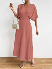 Rafferiza Đầm Maxi Chữ A Tay Cánh Dơi Trơn Cho Nữ - Bụi hồng - Xem 5