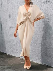 GENKIRA 前抽繩蝙蝠袖洋裝 - 杏色 - 查看 4