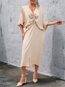 GENKIRA 前抽繩蝙蝠袖洋裝 - 杏色 - 查看 6