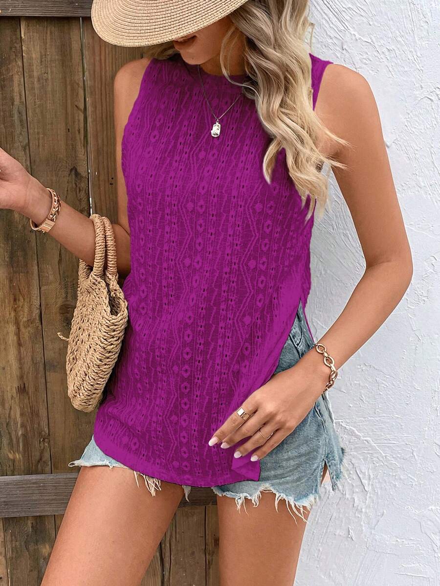 SHEIN VCAY 素色網眼刺繡背心上衣 - 紫色 - 查看 1