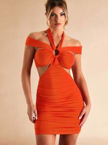 SHEIN BAE Đầm Cắt ra Xù Buộc lại Nhẫn màu trơn Gợi cảm - trái cam - Xem 3