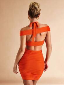 SHEIN BAE Đầm Cắt ra Xù Buộc lại Nhẫn màu trơn Gợi cảm - trái cam - Xem 2