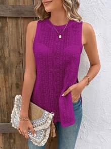 SHEIN VCAY 素色網眼刺繡背心上衣 - 紫色 - 查看 5