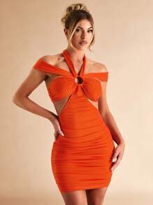 SHEIN BAE Đầm Cắt ra Xù Buộc lại Nhẫn màu trơn Gợi cảm - trái cam - Xem 5