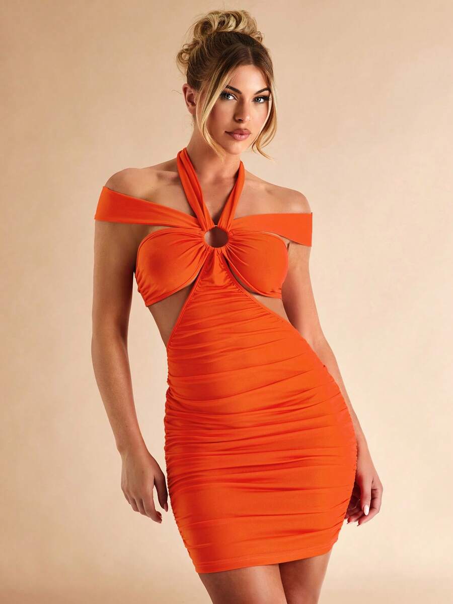 SHEIN BAE Đầm Cắt ra Xù Buộc lại Nhẫn màu trơn Gợi cảm - trái cam - Xem 1